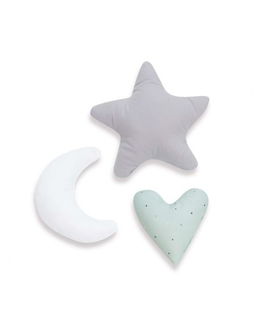 Set de 3 cojines infantiles Alondra Mint (estrella, luna y corazón) accesorios decoracion puericultura bebe tienda online zaragoza